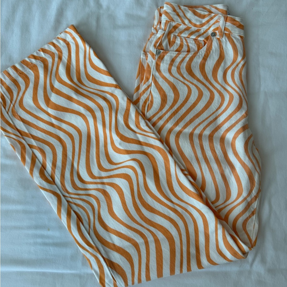 Zara Orange/White Wide Leg Denim Pants | Size 4